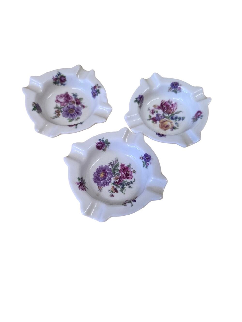 Antique Floral Bouquet Ashtray Maker Mark Victoria Czechoslovakia Set Of 3